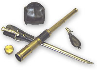 English Leather Wine Flask, Brass Naval Telescope with leather binding, Shot Flask and Chassepot Sword bayonet